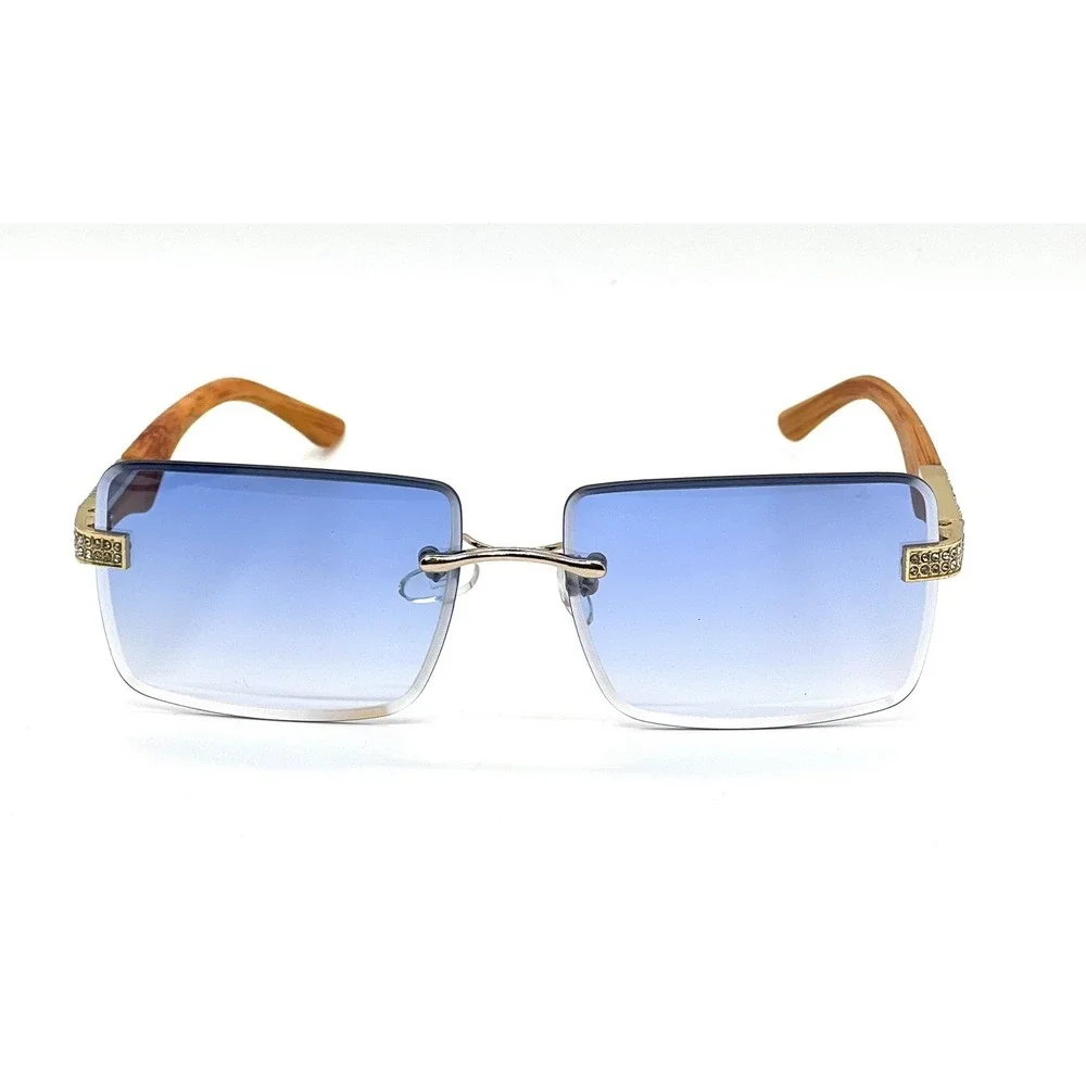 Rimless Sunglasses Wood Grain Frame Rhinestone Accents Blue Lens Men Hip Hop New